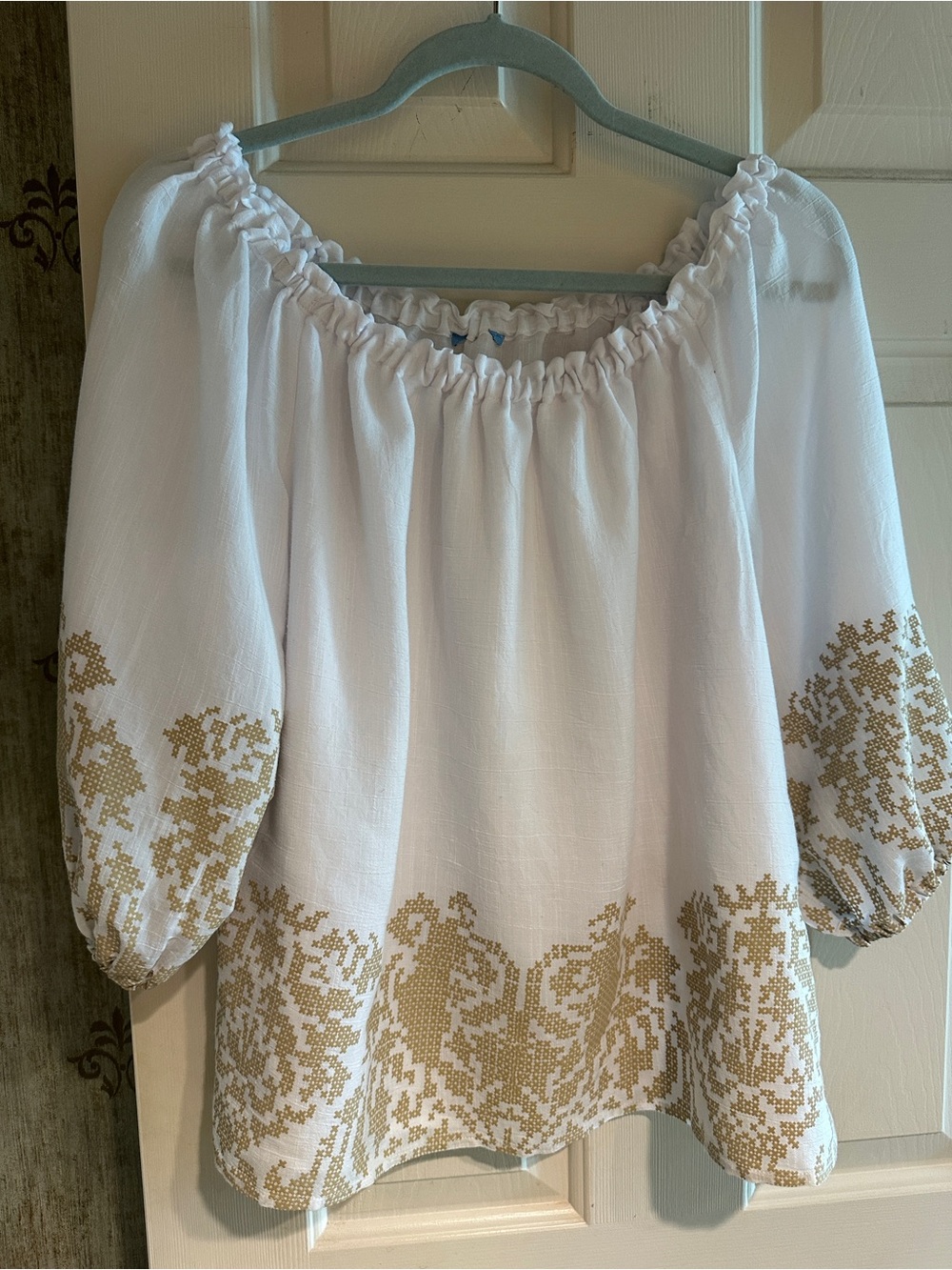 Airy white and tan peasant blouse,